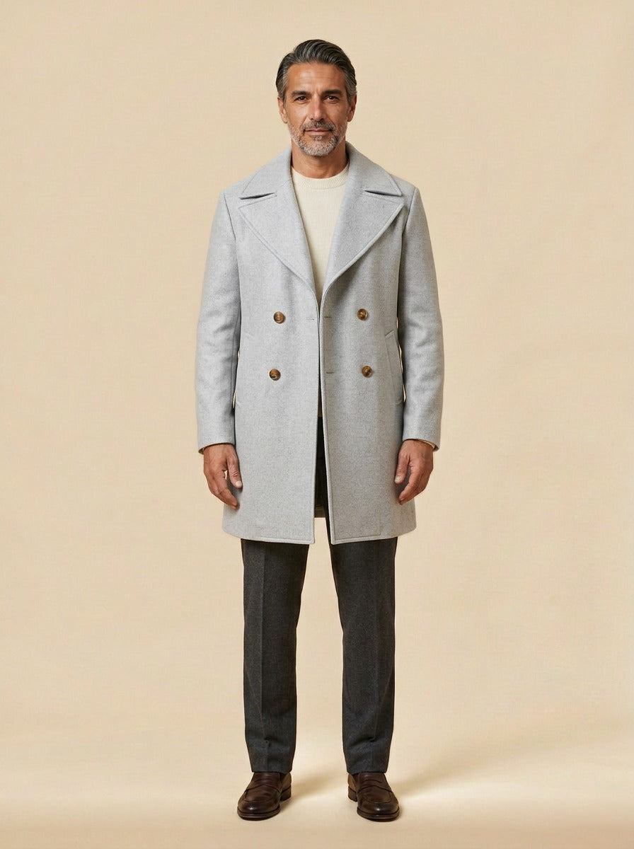 Ames double breasted peacoat in Light Grey, studio, Gentlemens Manor