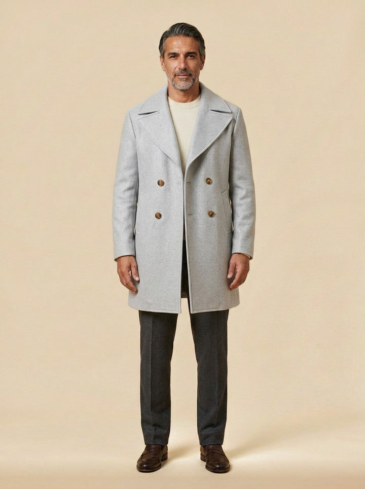 Ames double breasted peacoat in Light Grey, studio, Gentlemens Manor