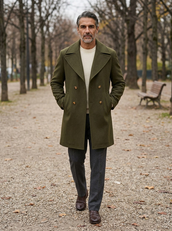 Ames double breasted peacoat in Olive, lifestyle on a park path, Gentlemens Manor