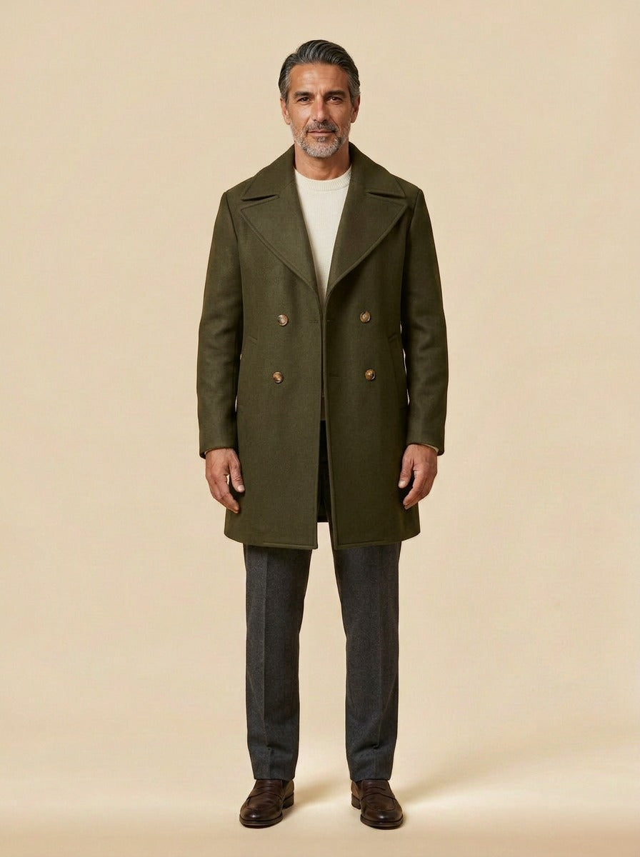 Ames double breasted peacoat in Olive, studio, Gentlemens Manor