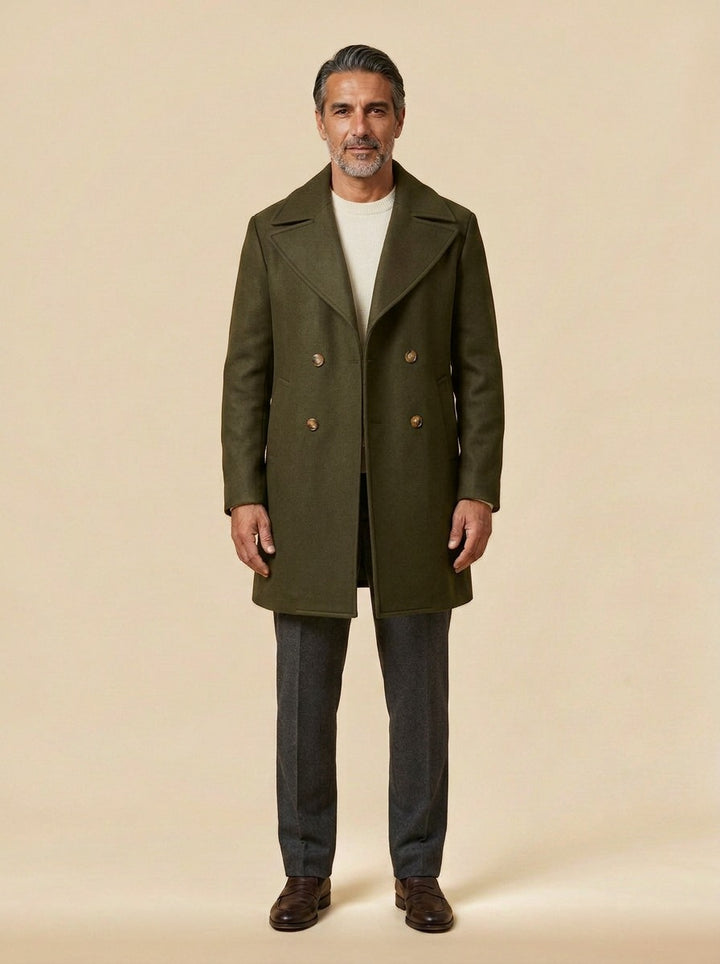 Ames double breasted peacoat in Olive, studio, Gentlemens Manor