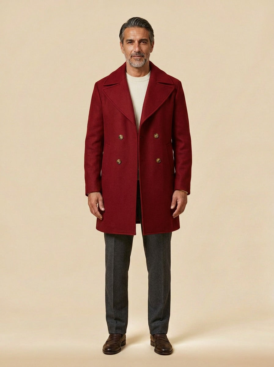 Ames double breasted peacoat in Red, studio, Gentlemens Manor