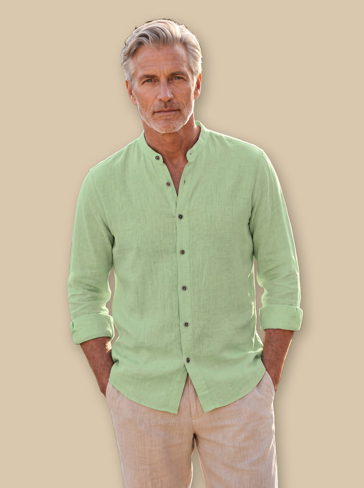 Amos linen shirt in Sage, studio - Gentlemens Manor