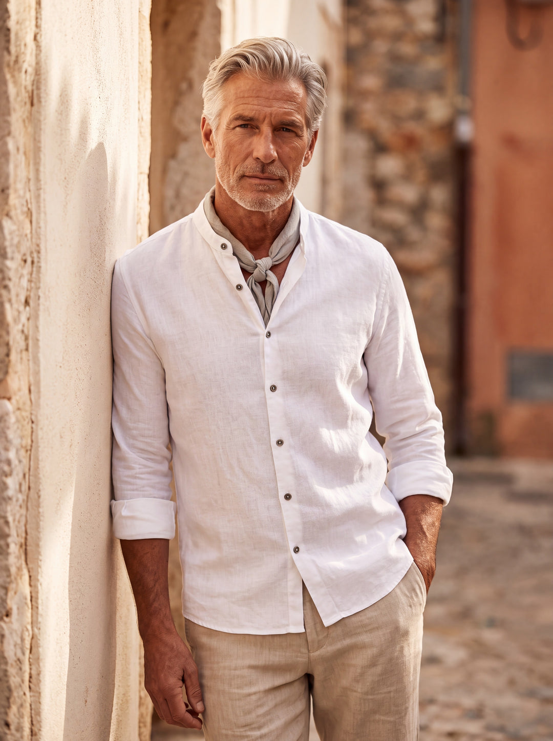 Amos Men linen shirt in white, worn by a model on a Mediterranean terrace - Gentlemens Manor lifestyle