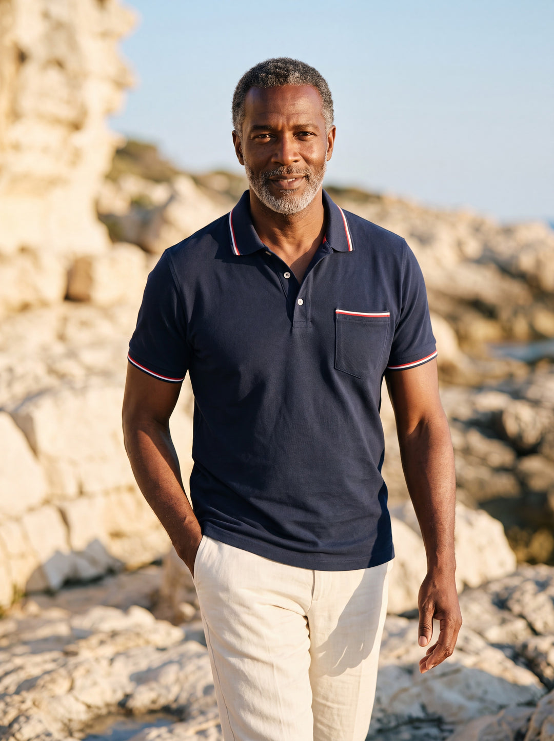 Anderson Men polo shirt in navy, worn by a model on a Mediterranean terrace - Gentlemens Manor lifestyle