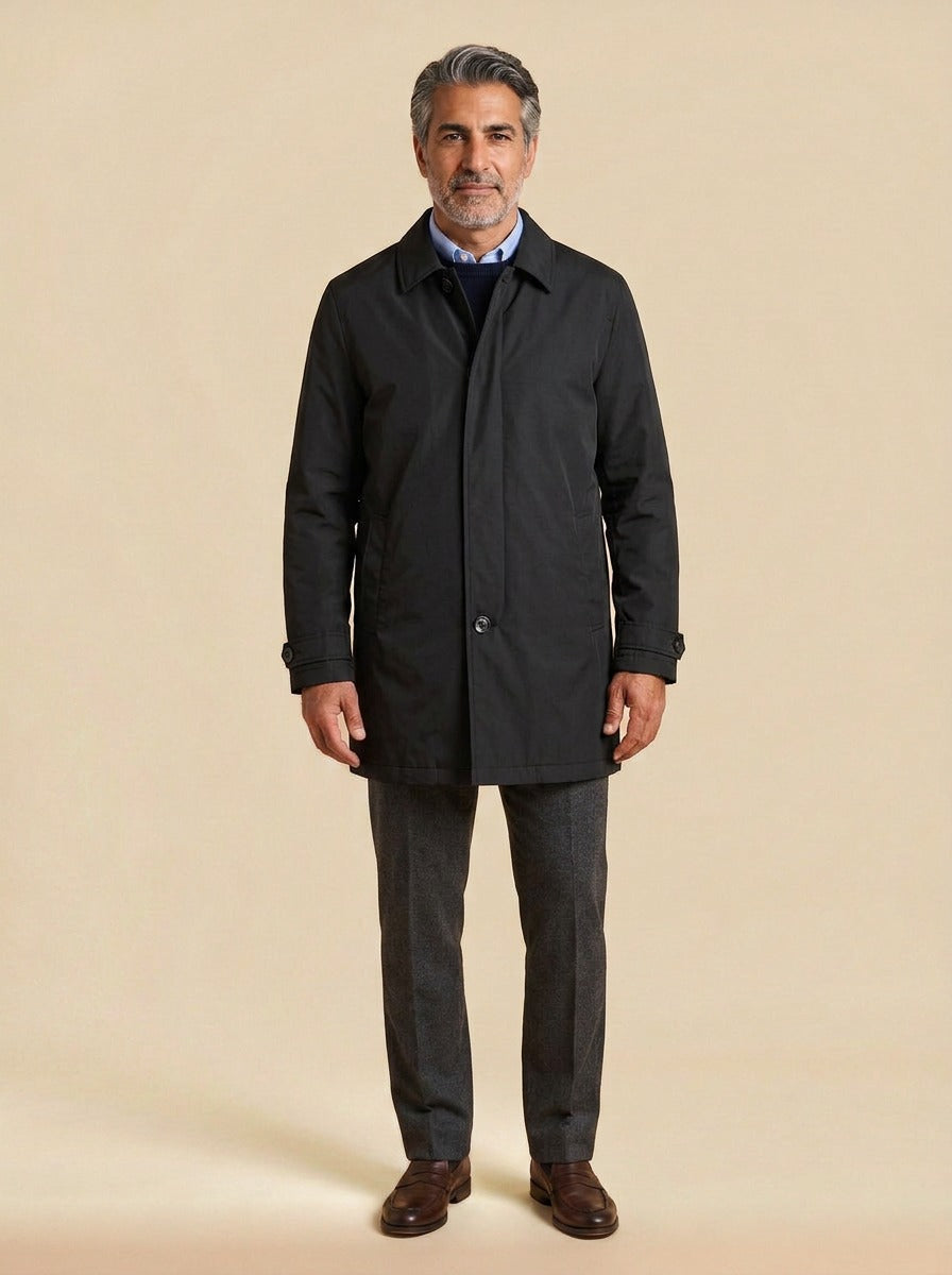 Ansel quilted lined car coat in Black, studio, Gentlemens Manor