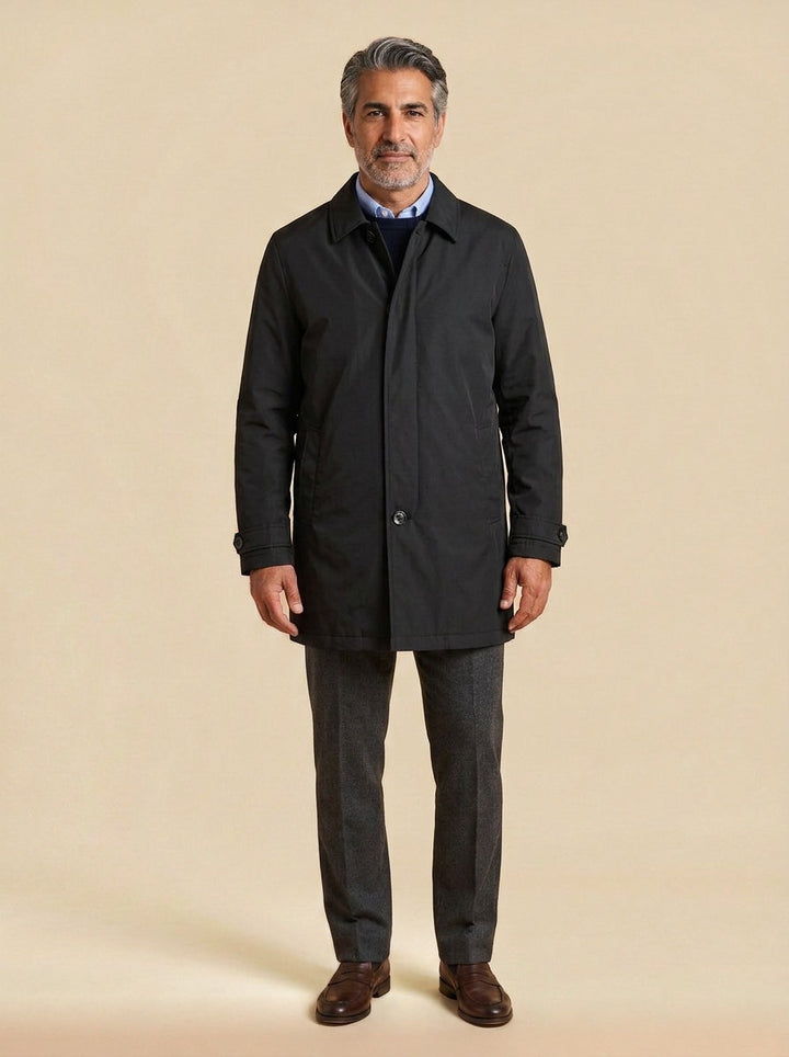 Ansel quilted lined car coat in Black, studio, Gentlemens Manor