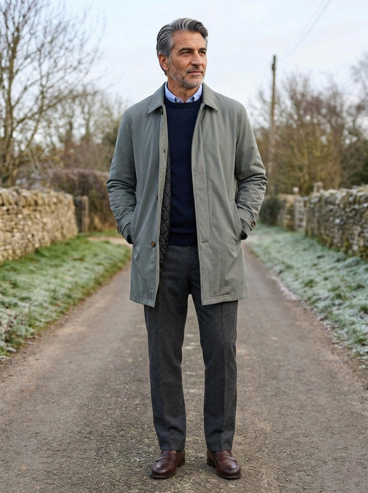 Ansel quilted lined car coat in Grey, lifestyle on a country lane, Gentlemens Manor