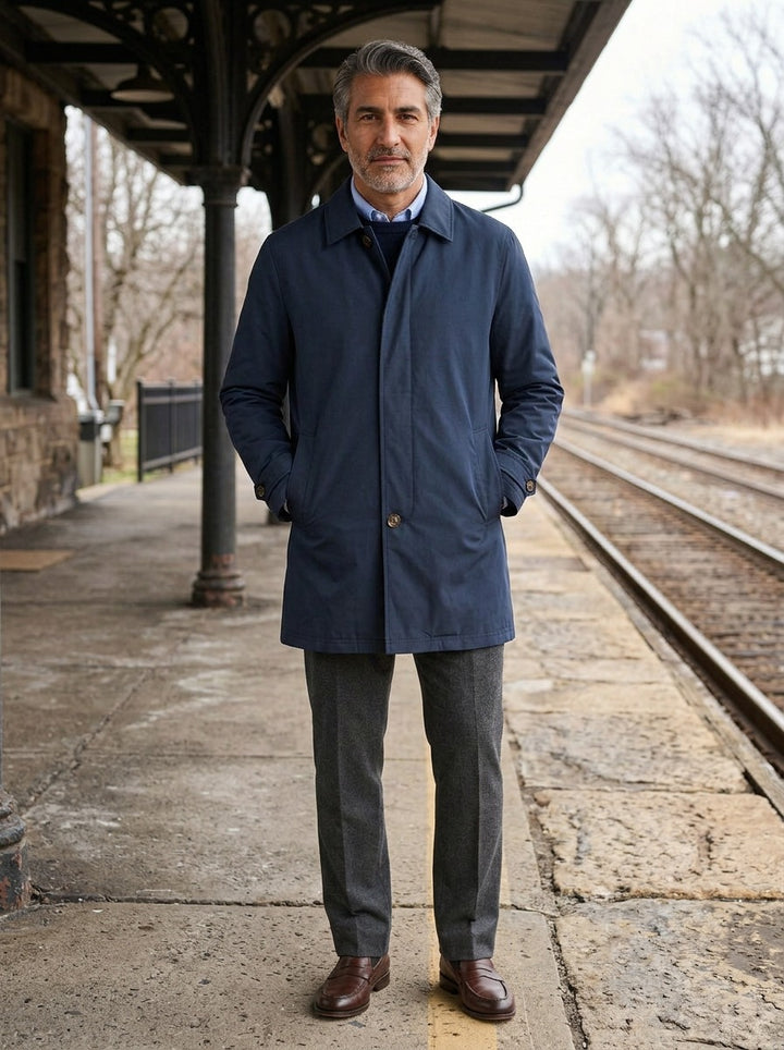Ansel quilted lined car coat in Navy, lifestyle on a railway platform, Gentlemens Manor