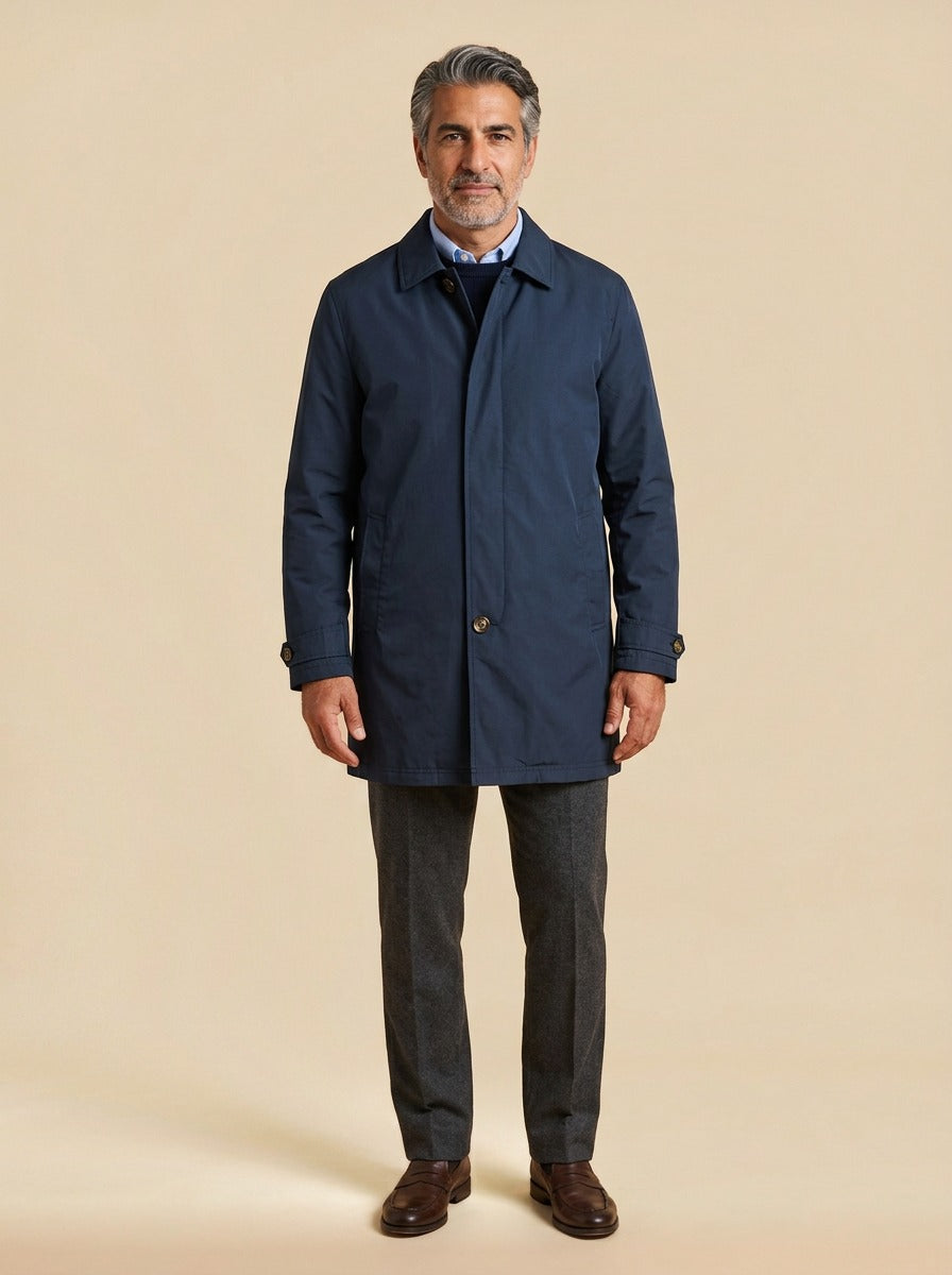 Ansel quilted lined car coat in Navy, studio, Gentlemens Manor