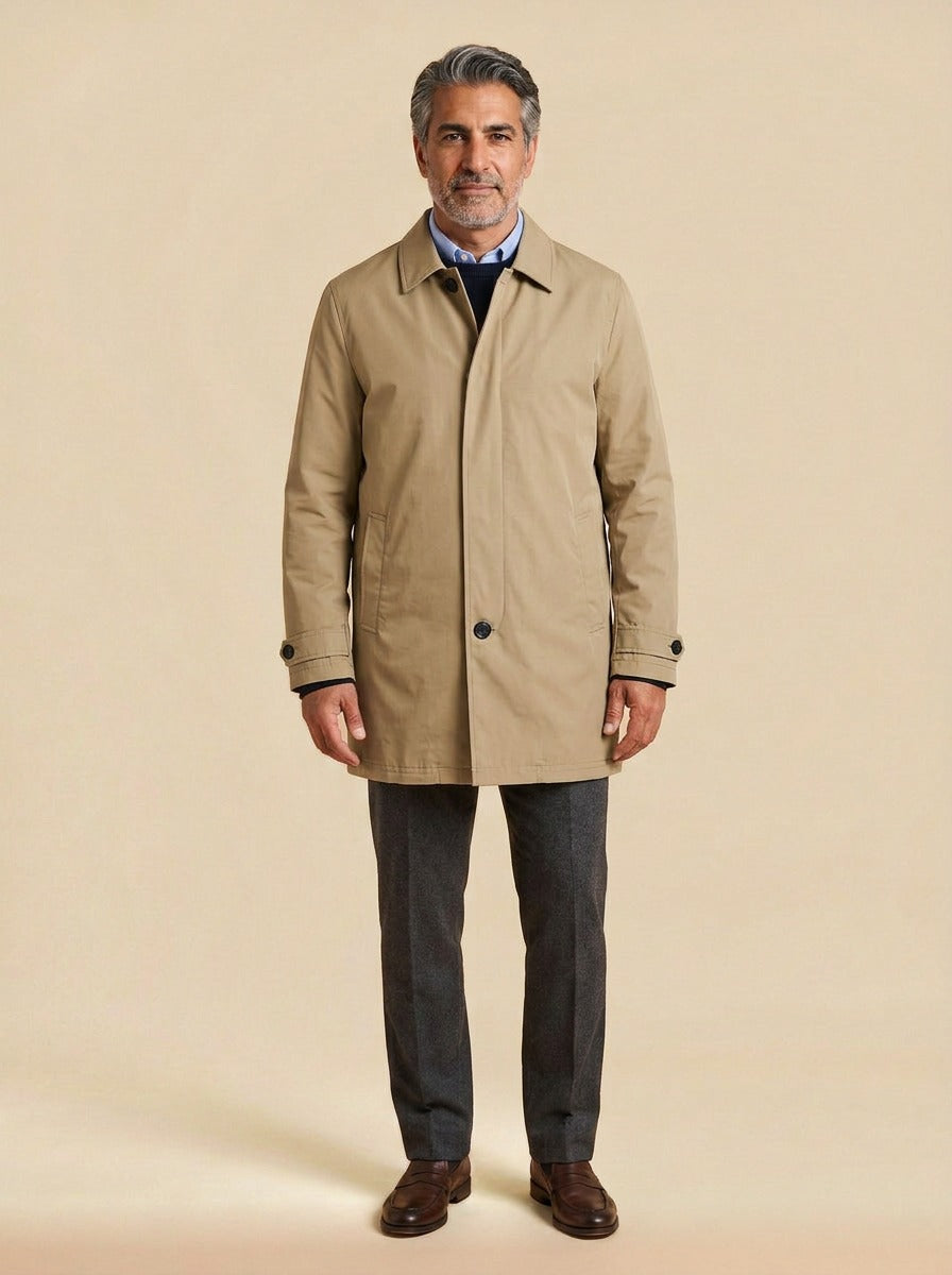Ansel quilted lined car coat in Sand, studio, Gentlemens Manor