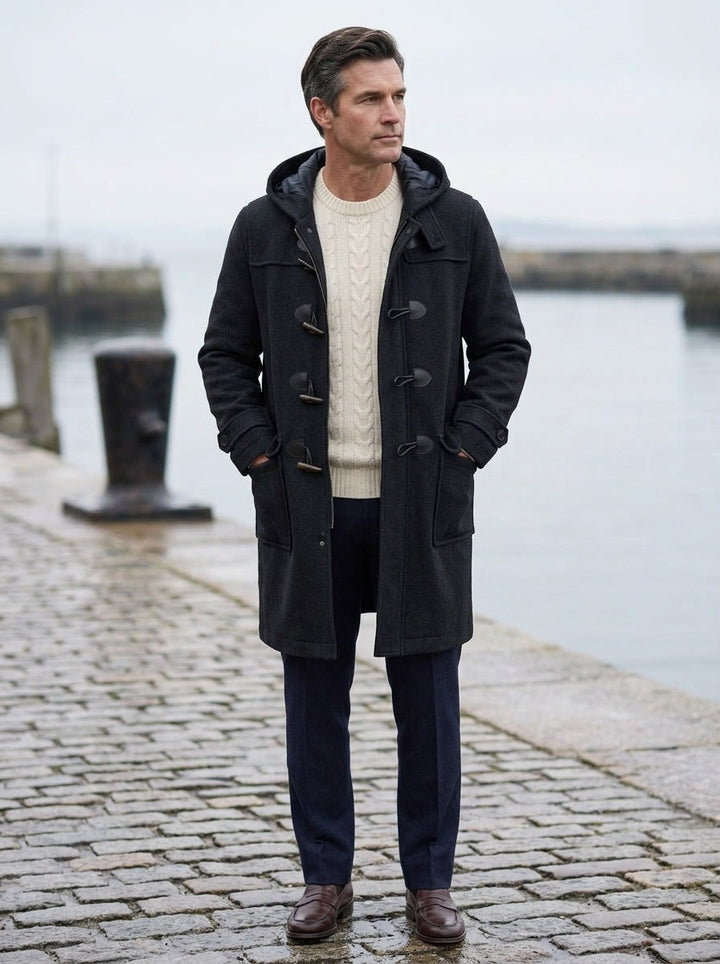 Appleton hooded duffle coat in Black, lifestyle on a stone harbor quay, Gentlemens Manor
