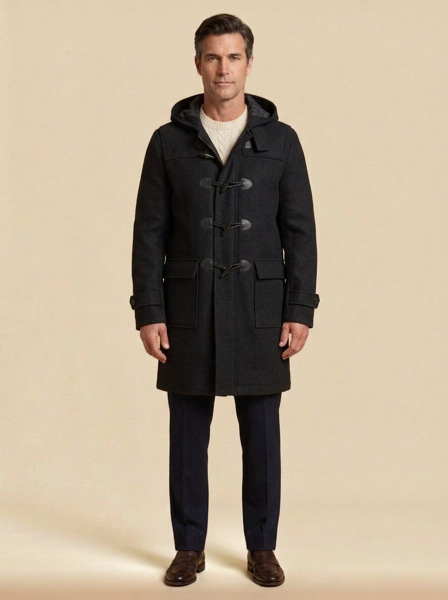 Appleton hooded duffle coat in Black, studio, Gentlemens Manor