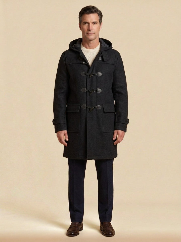 Appleton hooded duffle coat in Black, studio, Gentlemens Manor