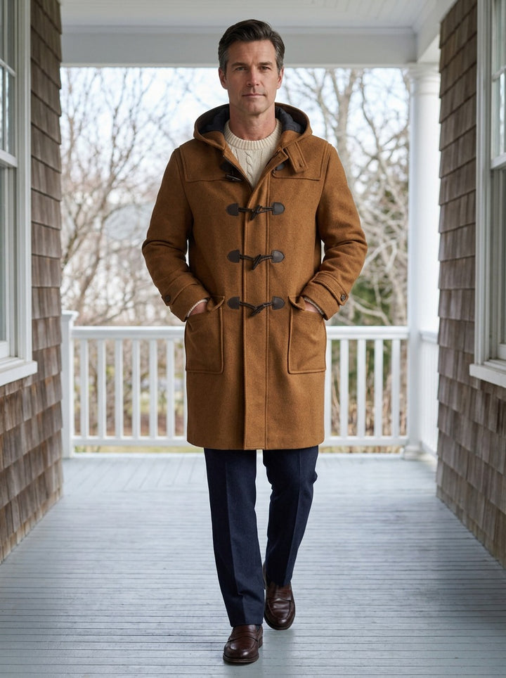 Appleton hooded duffle coat in Brown, lifestyle on a covered porch, Gentlemens Manor