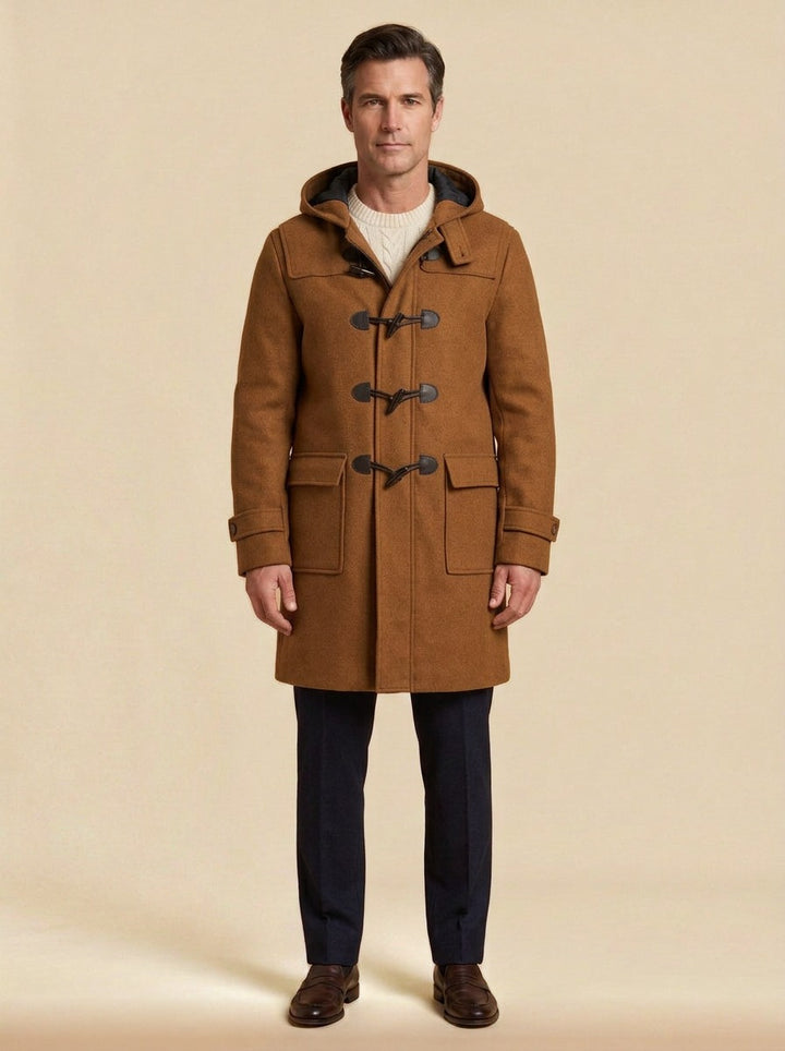 Appleton hooded duffle coat in Brown, studio, Gentlemens Manor