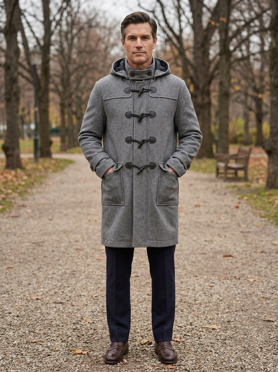 Appleton hooded duffle coat in Grey, lifestyle on a park path, Gentlemens Manor