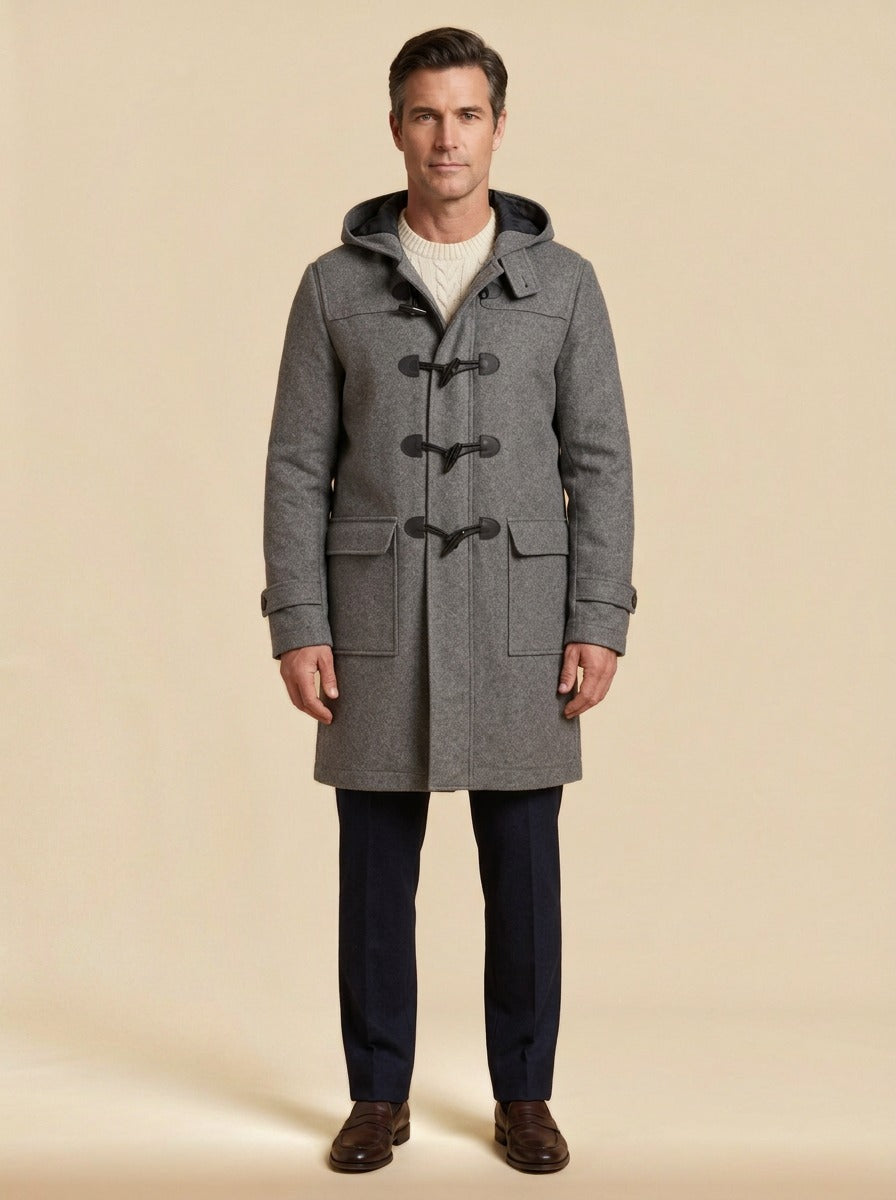 Appleton hooded duffle coat in Grey, studio, Gentlemens Manor