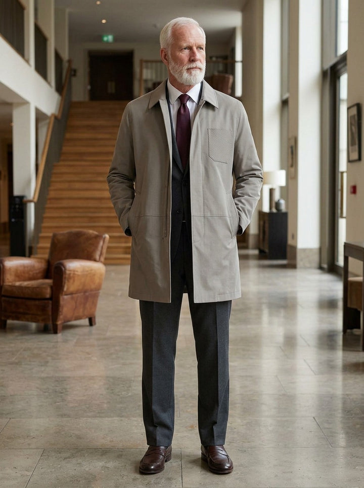 Archer concealed placket car coat in Beige, lifestyle in a hotel lobby, Gentlemens Manor