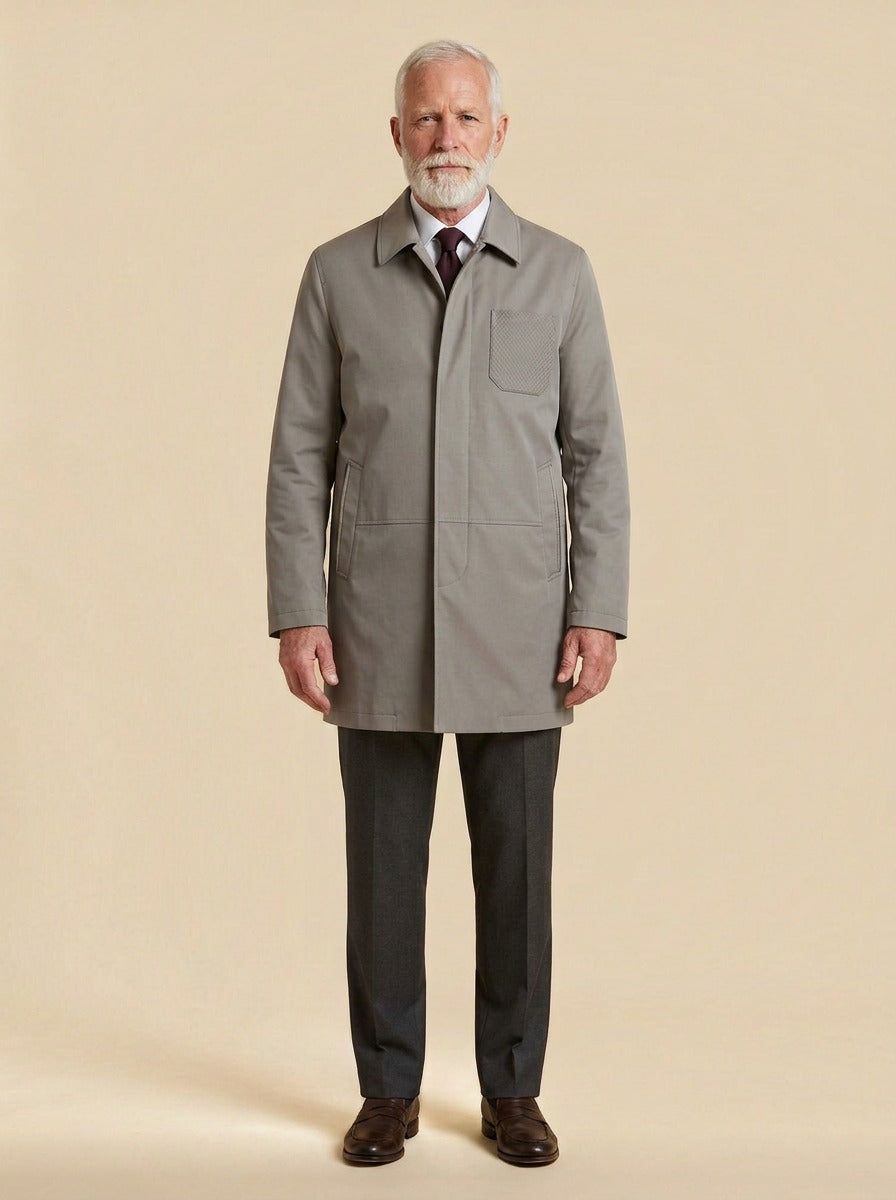 Archer concealed placket car coat in Beige, studio, Gentlemens Manor