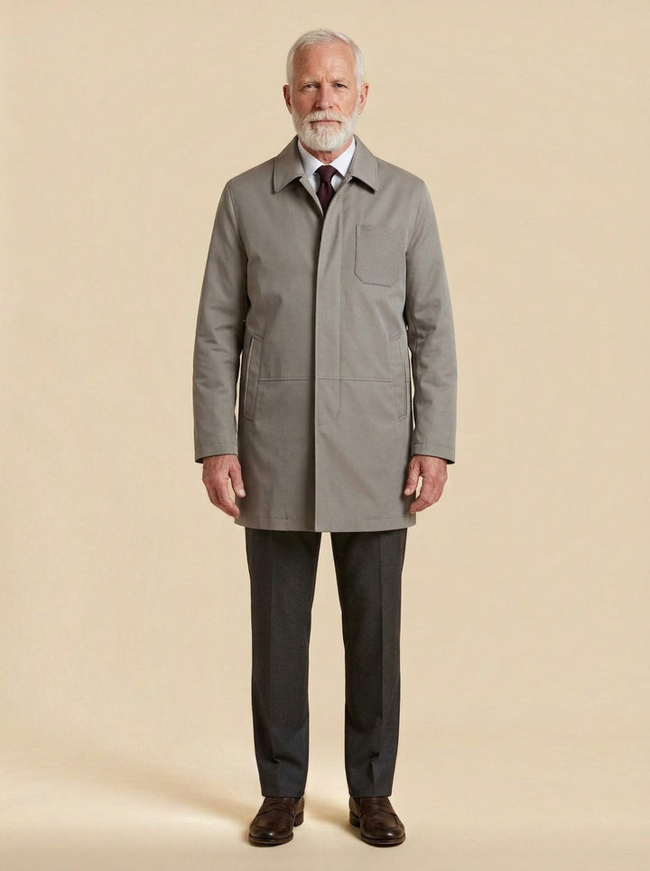 Archer concealed placket car coat in Beige, studio, Gentlemens Manor