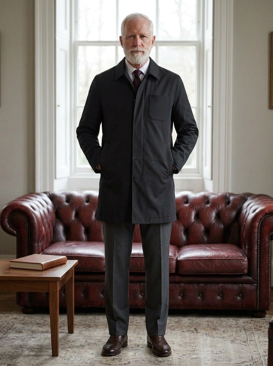 Archer concealed placket car coat in Black, lifestyle in a club reading room, Gentlemens Manor