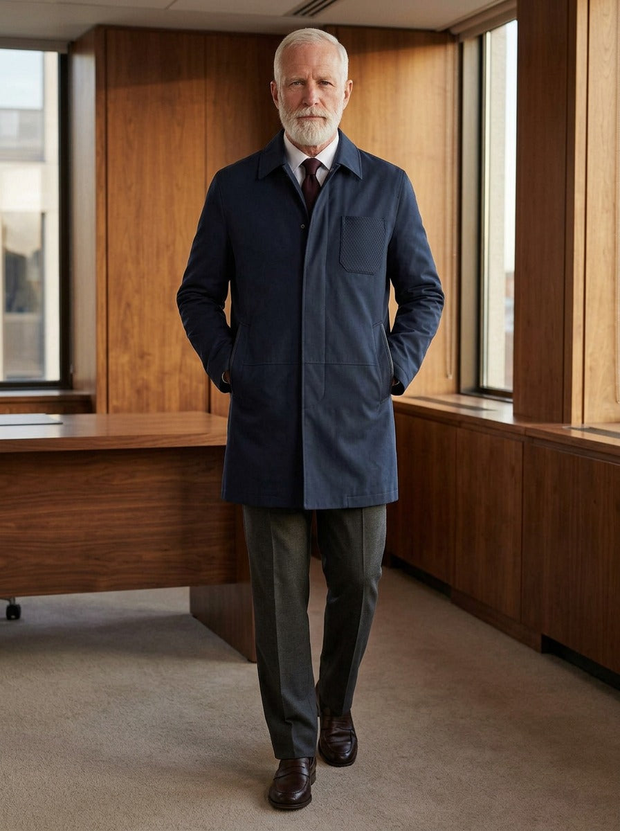 Archer concealed placket car coat in Navy, lifestyle in a timber paneled office, Gentlemens Manor