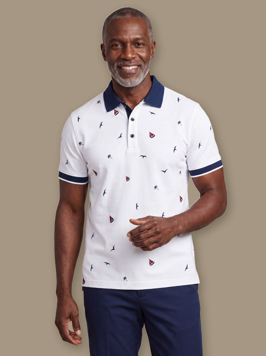 Archibald polo shirt in White, worn by a model on a warm taupe studio background - Gentlemens Manor