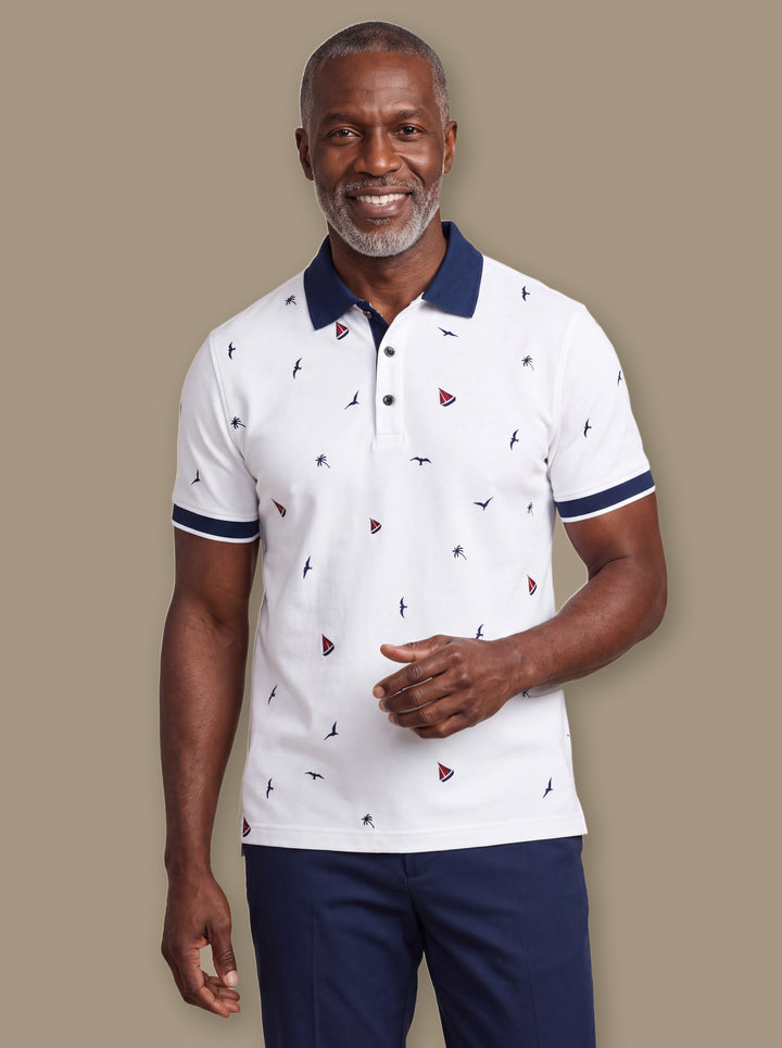 Archibald polo shirt in White, worn by a model on a warm taupe studio background - Gentlemens Manor