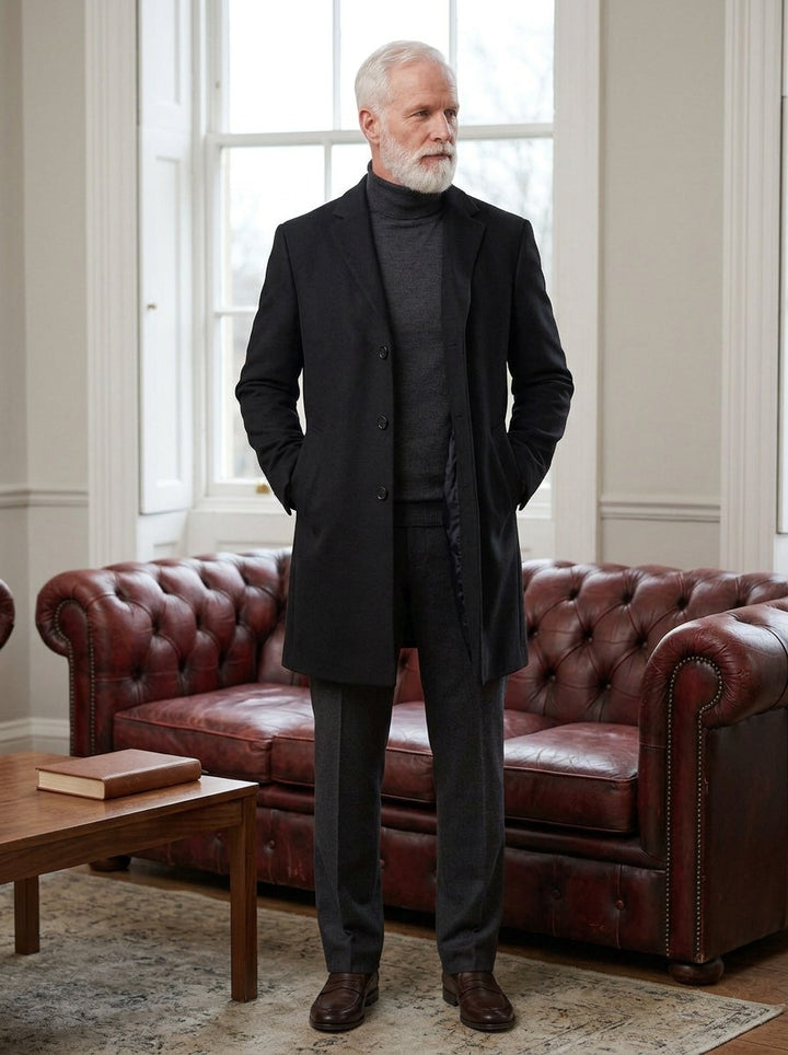 Arden single breasted topcoat in Black, lifestyle in a club reading room, Gentlemens Manor
