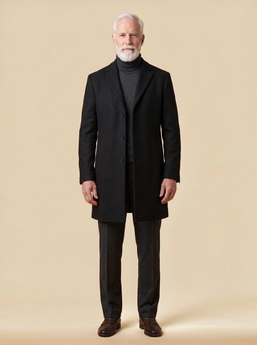 Arden single breasted topcoat in Black, studio, Gentlemens Manor