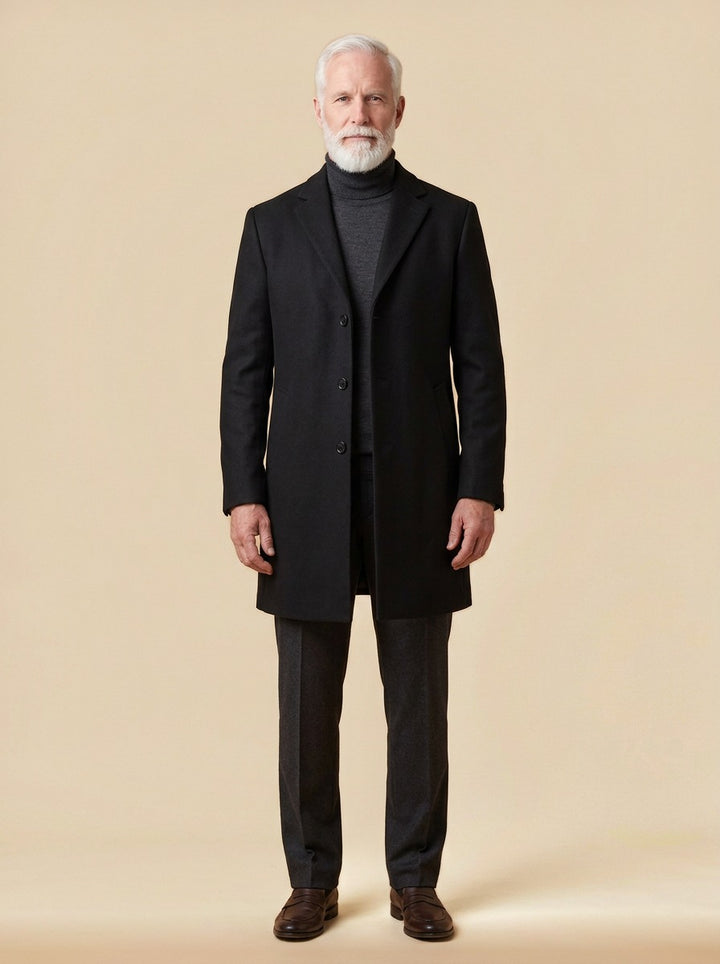 Arden single breasted topcoat in Black, studio, Gentlemens Manor