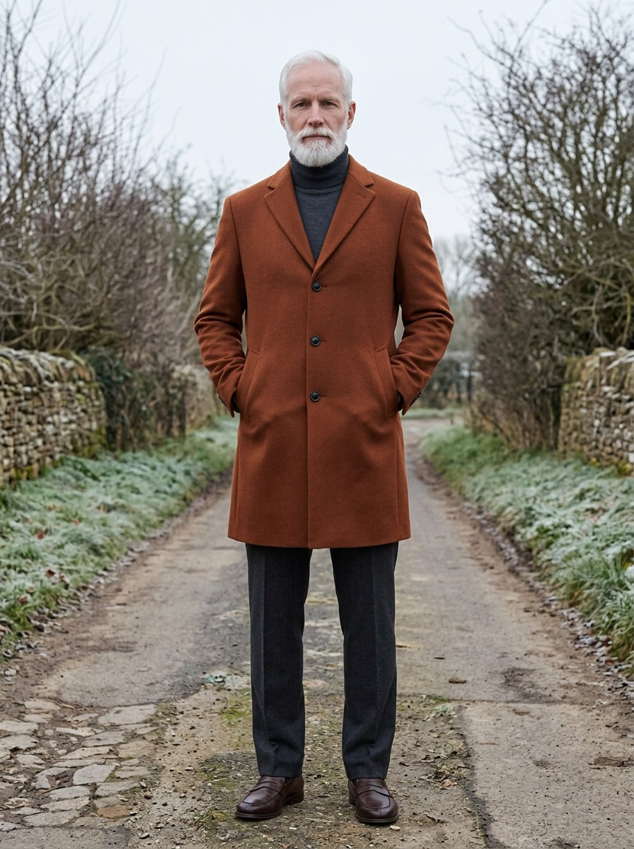 Arden single breasted topcoat in Brown, lifestyle on a country lane, Gentlemens Manor