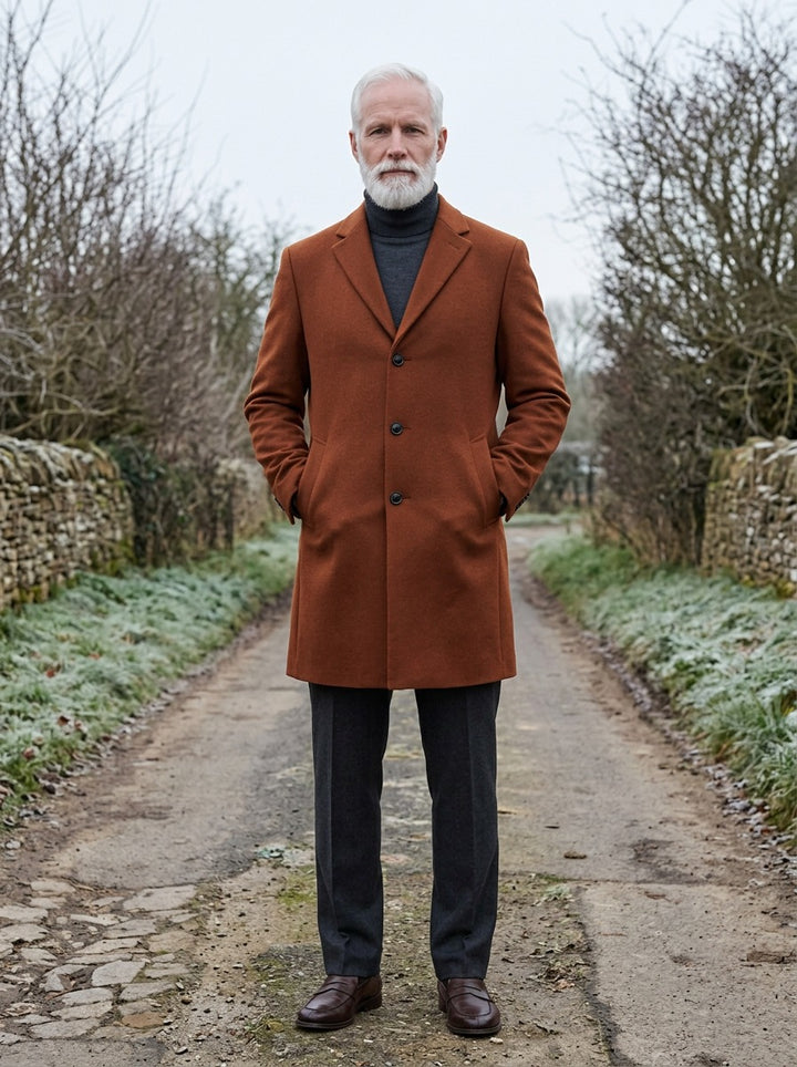 Arden single breasted topcoat in Brown, lifestyle on a country lane, Gentlemens Manor