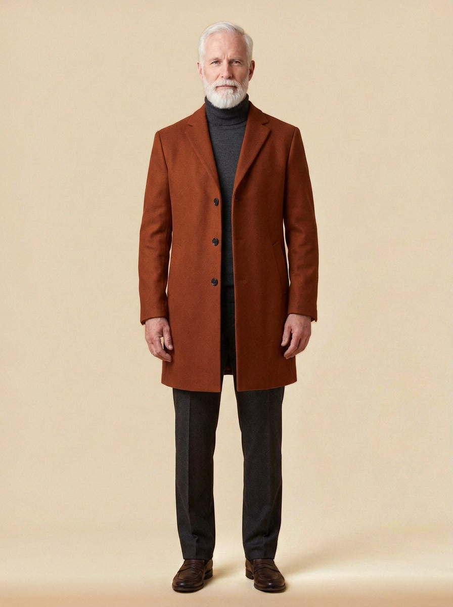Arden single breasted topcoat in Brown, studio, Gentlemens Manor