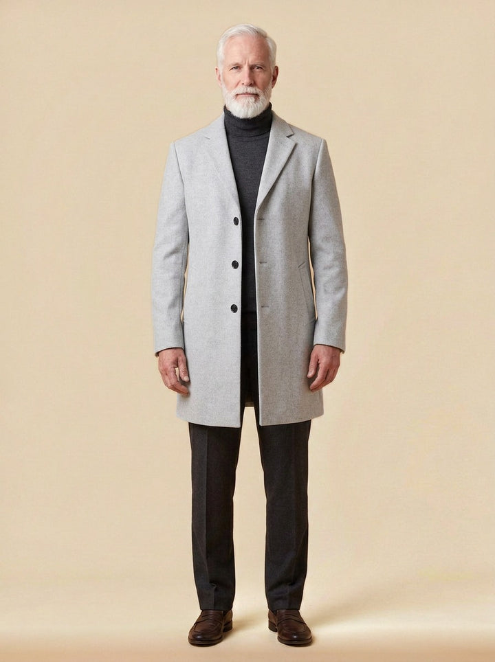 Arden single breasted topcoat in Light Grey, studio, Gentlemens Manor