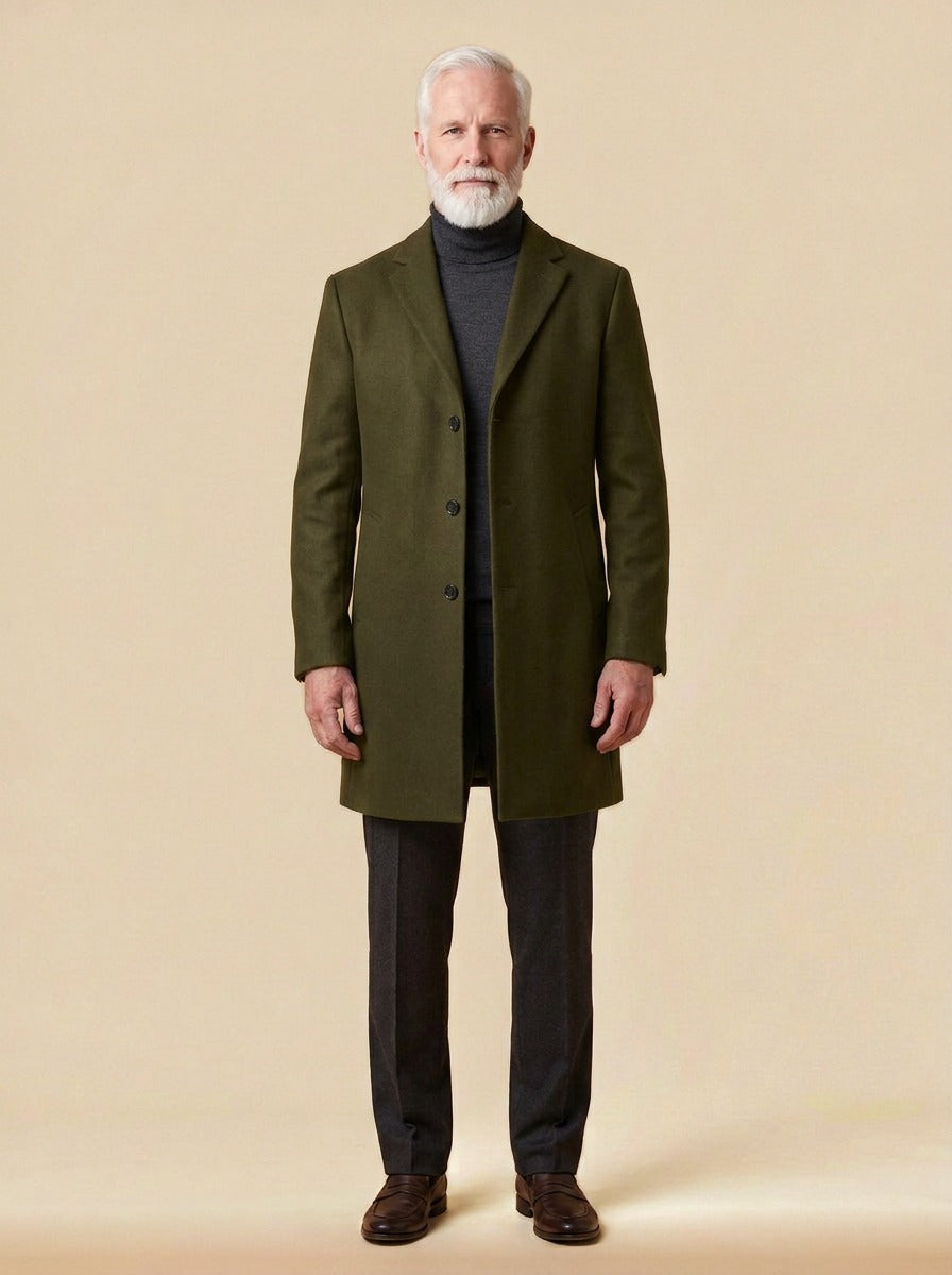 Arden single breasted topcoat in Olive, studio, Gentlemens Manor