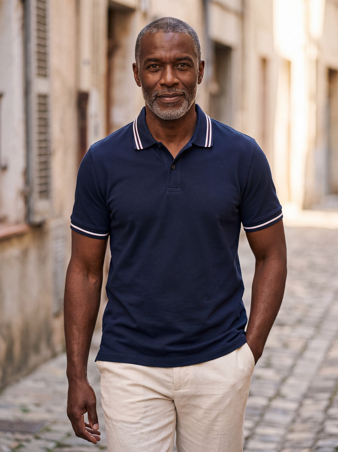 Arnold Men polo shirt in navy, worn by a model on a Mediterranean terrace - Gentlemens Manor lifestyle