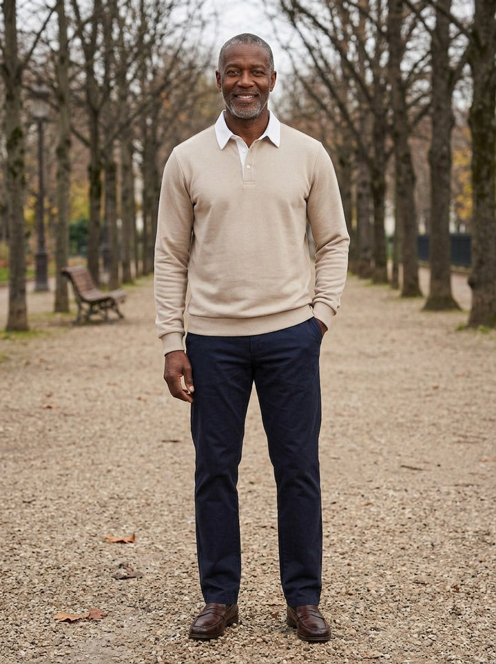 Ashbury polo in Beige, lifestyle on a park path, Gentlemens Manor