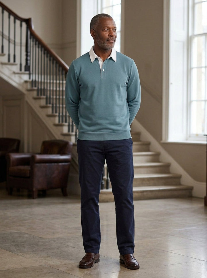 Ashbury polo in Green, lifestyle in a hotel lobby, Gentlemens Manor