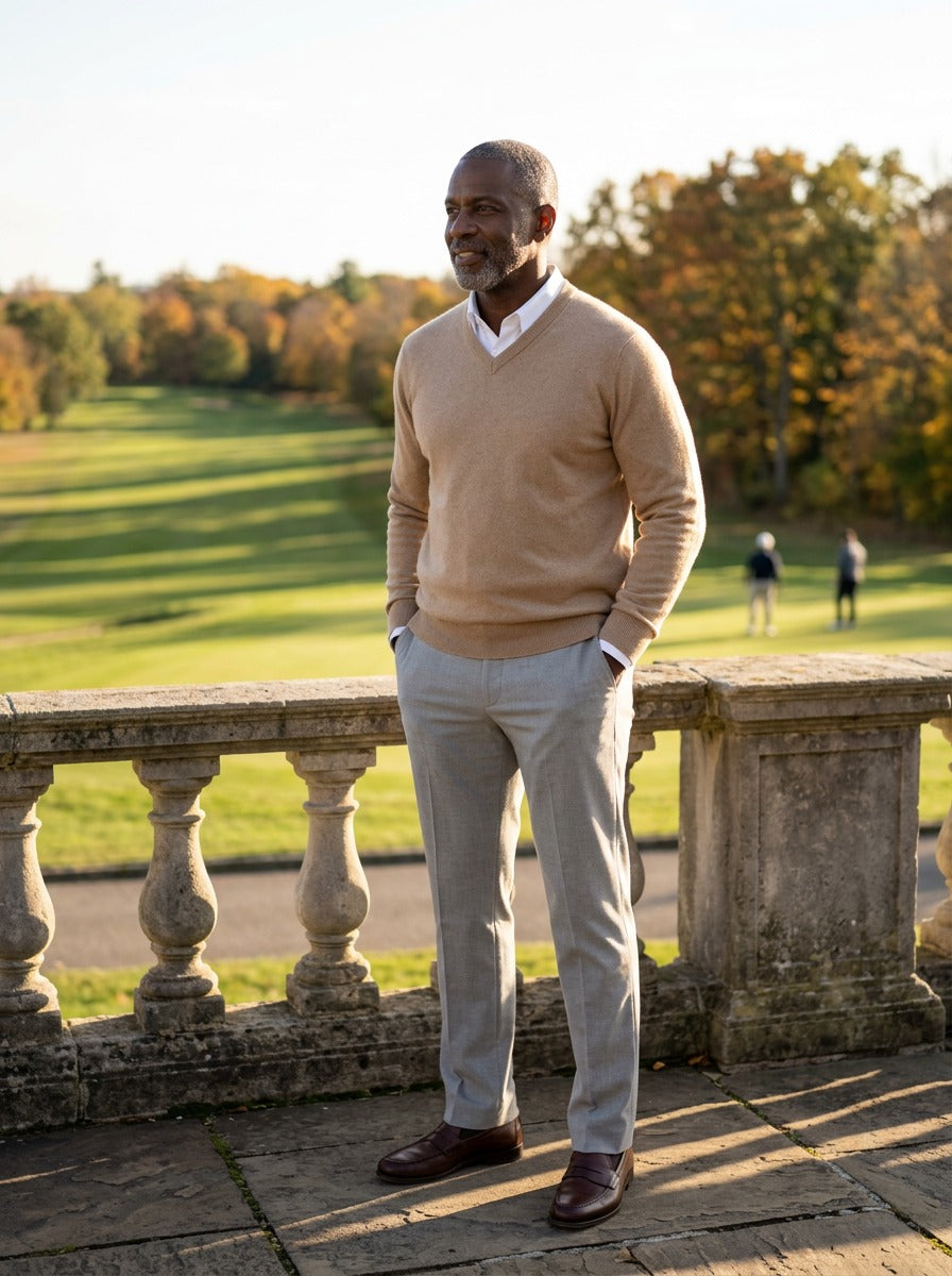 Ashby V neck sweater in Beige, lifestyle, Gentlemens Manor