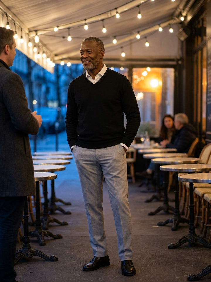 Ashby V neck sweater in Black, lifestyle, Gentlemens Manor