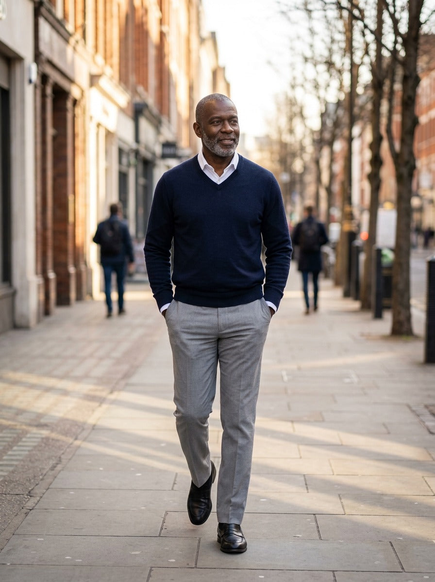 Ashby V neck sweater in Navy, lifestyle, Gentlemens Manor