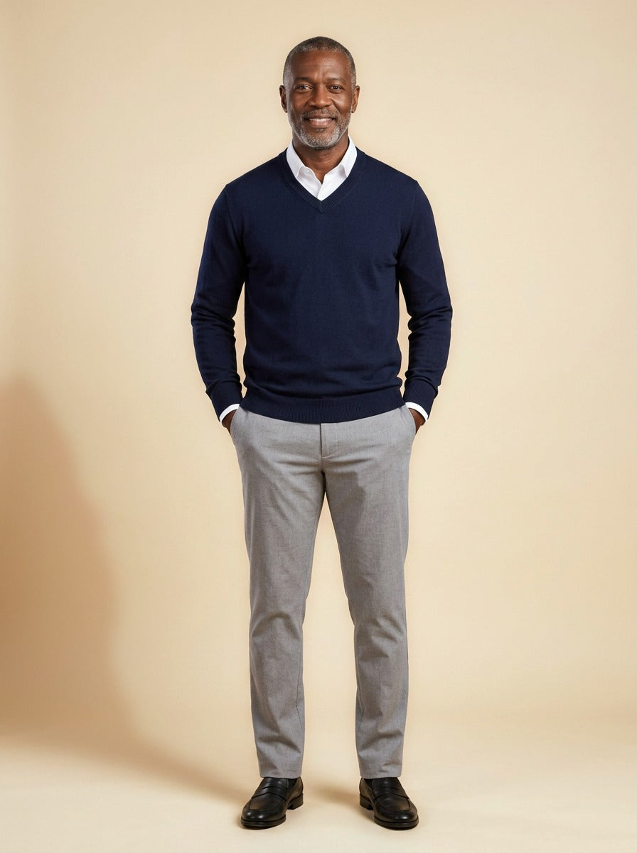 Ashby V neck sweater in Navy, studio, Gentlemens Manor
