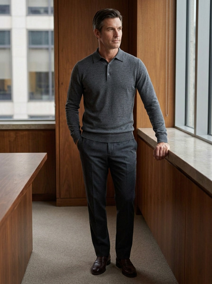 Ashcombe polo sweater in Charcoal, lifestyle in a timber paneled office, Gentlemens Manor