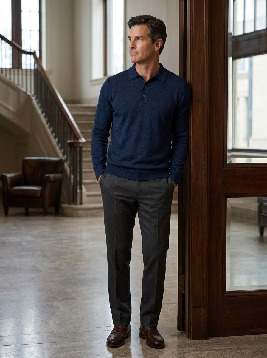Ashcombe polo sweater in Navy, lifestyle in a hotel lobby, Gentlemens Manor