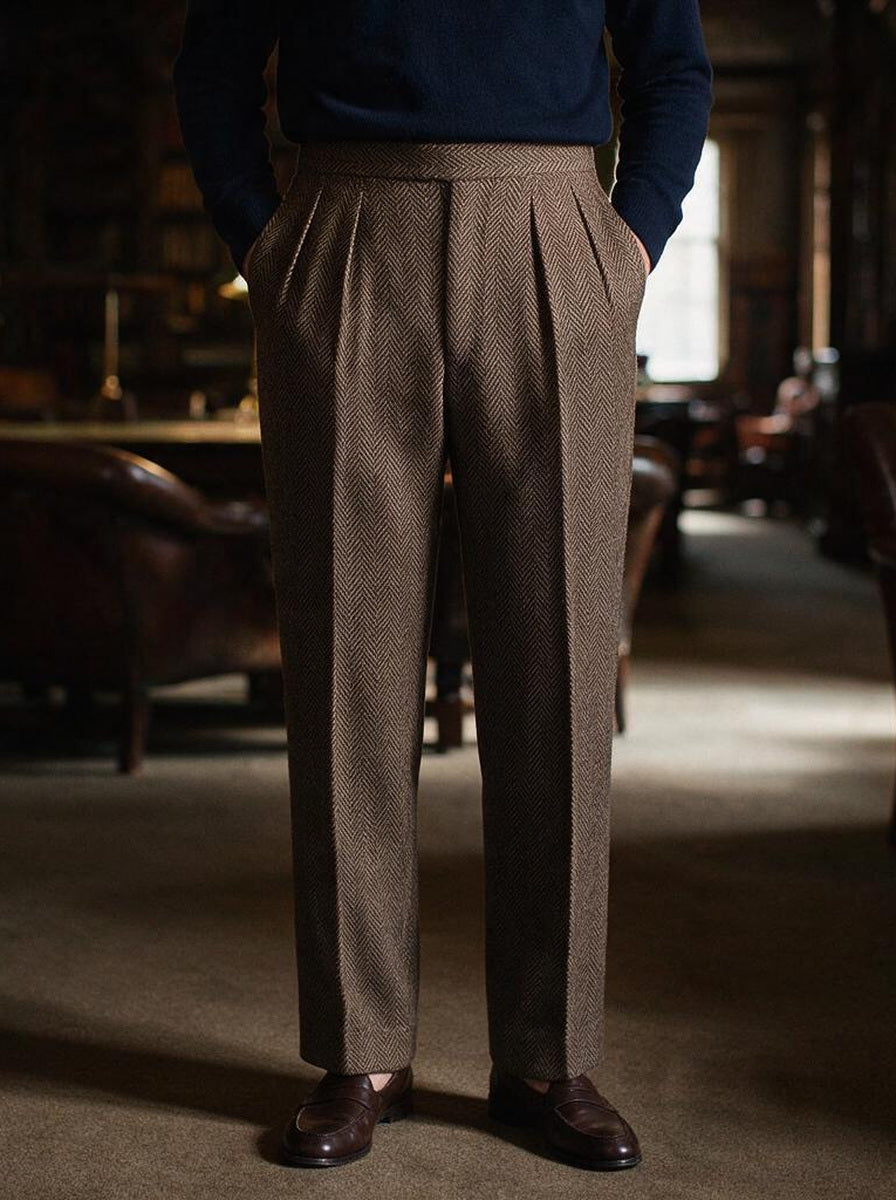 Ashcroft herringbone trousers in Brown, lifestyle, Gentlemens Manor