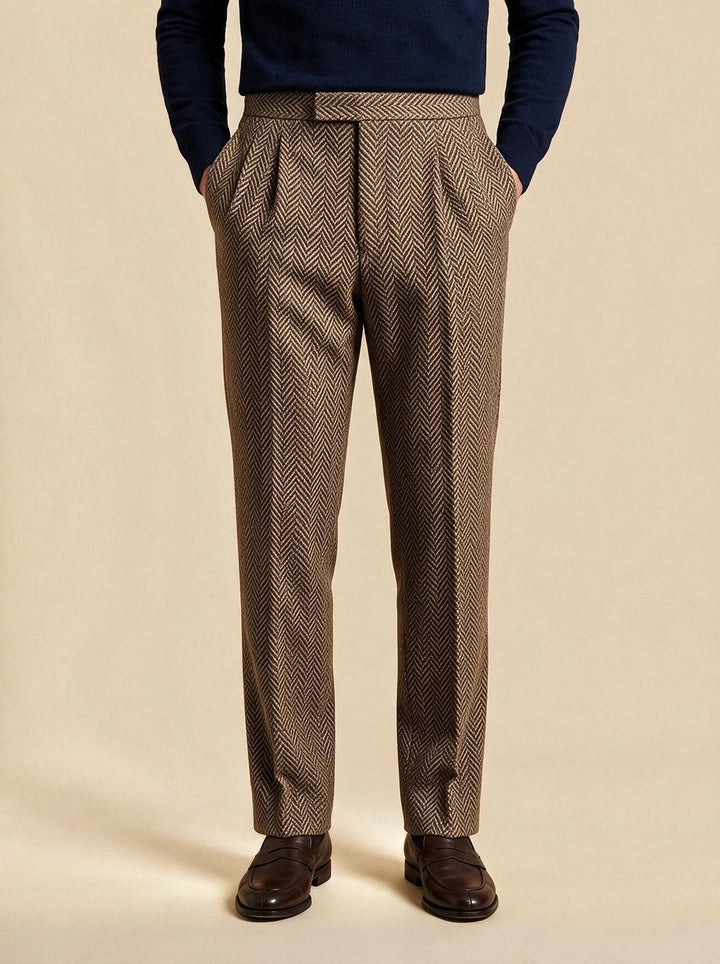 Ashcroft herringbone trousers in Brown, studio, Gentlemens Manor