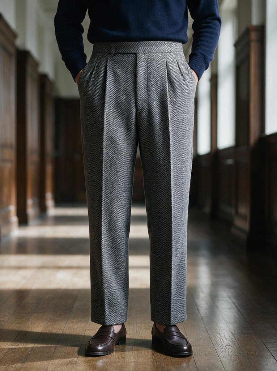 Ashcroft herringbone trousers in Grey, lifestyle, Gentlemens Manor