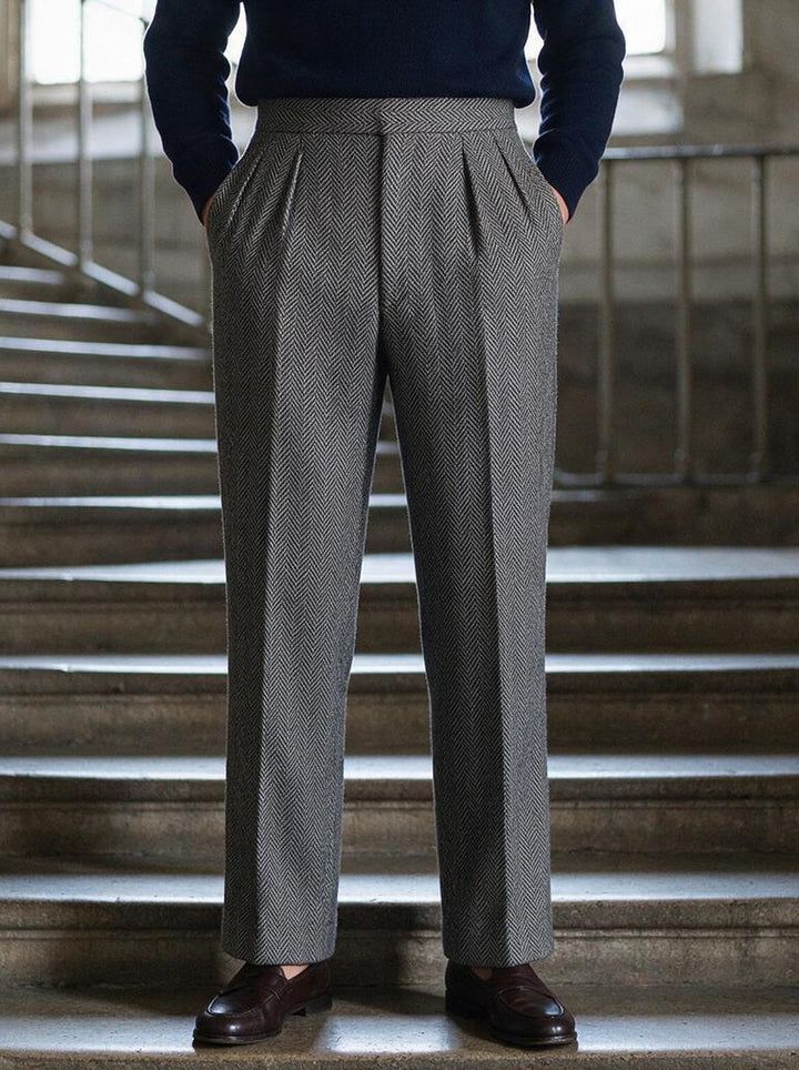 Ashcroft herringbone trousers in Grey, lifestyle, Gentlemens Manor
